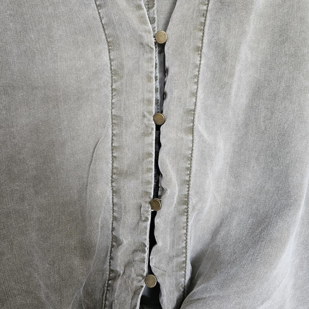Express Medium Army Green 100% Lyocell Crop Top Button Up Relaxed Fit Lagenlook - Picture 7 of 13